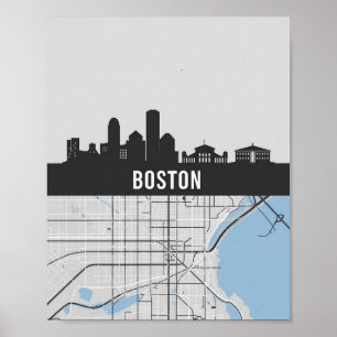 Poster Boston Massachusetts City Skyline avec carte