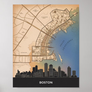 Poster Boston Massachusetts City Skyline Avec Carte Vinta