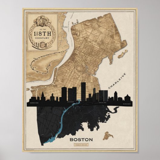 Poster Boston Massachusetts City Skyline Avec Carte Vinta (Devant)