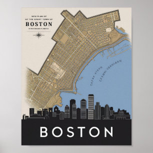 Poster Boston Massachusetts City Skyline Avec Carte Vinta