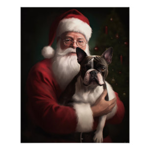 Poster Boston Terrier avec Noël Festif du Père Noël