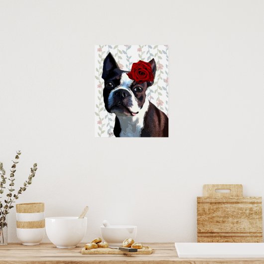 Poster Boston Terrier avec Rose sur Head (Cuisine)