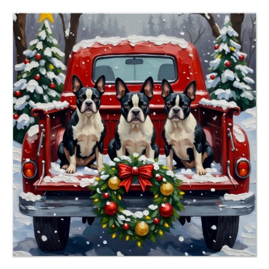 Poster Boston Terrier Christmas Red Truck Holiday (Devant)
