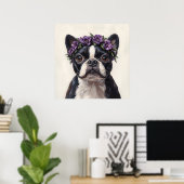 Poster Boston Terrier dans une couronne de fleurs violett (Bureau à domicile)
