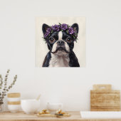 Poster Boston Terrier dans une couronne de fleurs violett (Cuisine)