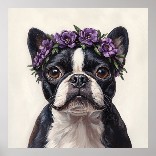 Poster Boston Terrier dans une couronne de fleurs violett (Devant)