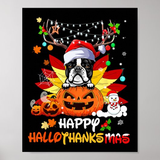 Poster Boston Terrier Dog Halloween And Merry Christmas (Devant)
