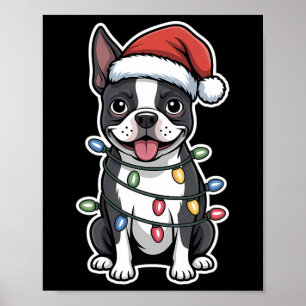 Poster Boston Terrier Enveloppé Dans Les Lumières De Noël