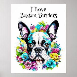 Poster Boston Terrier et Fleurs