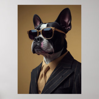 Poster Boston Terrier in Pinstripe Suit and Sunglasses