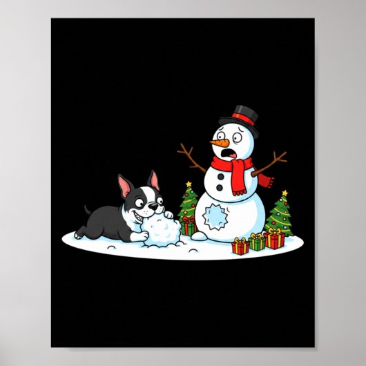 Poster Boston Terrier Snowman Christmas Tree Xmas Womens  (Devant)