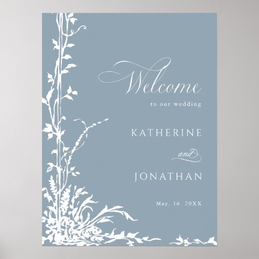 Poster Botanical Arch Garden Dusty Blue Wedding Welcome (Devant)