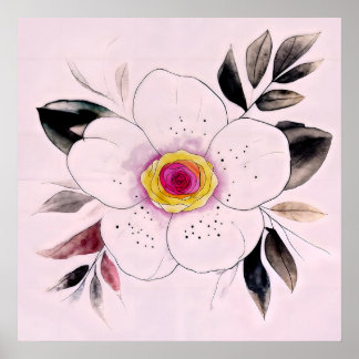 Poster Botanical Watercolor Flower Painting With Foliage