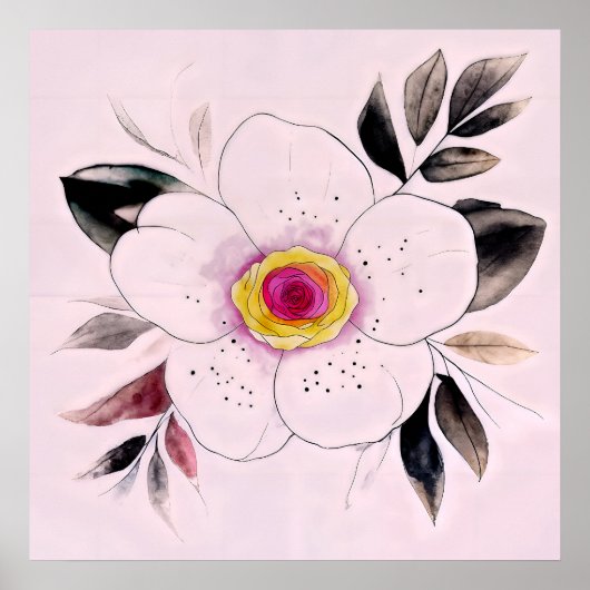 Poster Botanical Watercolor Flower Painting With Foliage (Devant)