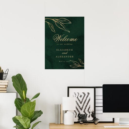 Poster Botanique Emerald Gold Elegant Wedding Welcome (Bureau à domicile)