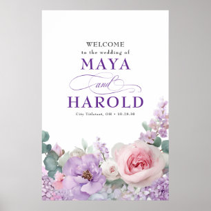 Poster Botanique Florale violet et rose Mariage Bienvenue