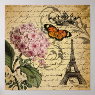 Poster botanique français d'oiseau d'hortensia de