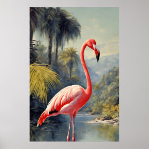 Poster Botanique Rainforest Flamant rose rose Vintage