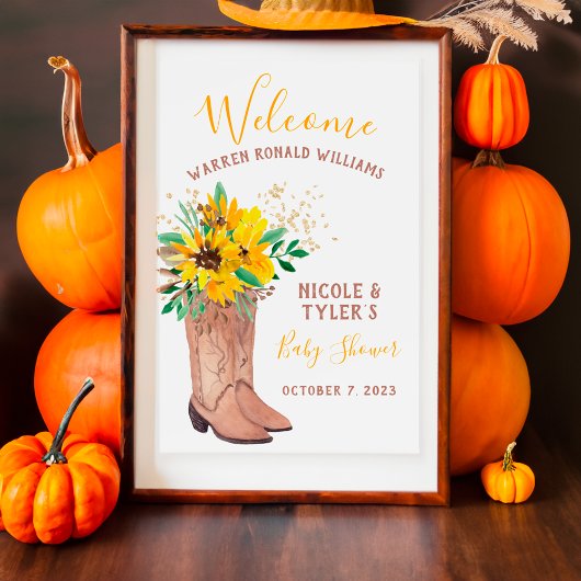 Poster Botte de cowboy rustique baby shower aquarelle