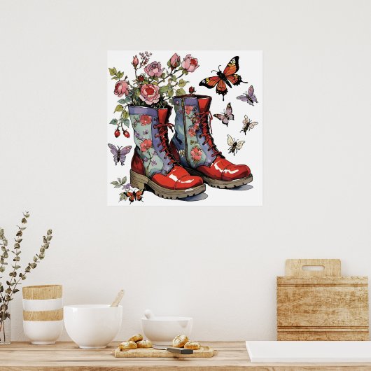 Poster Bottes de combat florales avec fleurs et papillons (Cuisine)
