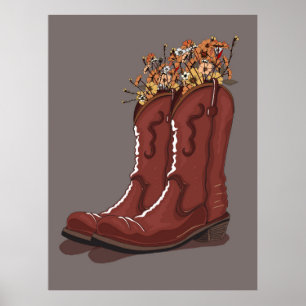 Poster Bottes de cowboy avec fleurs sauvages