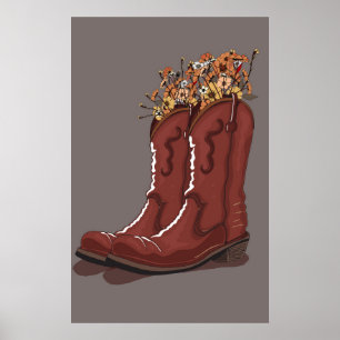 Poster Bottes de cowboy avec fleurs sauvages