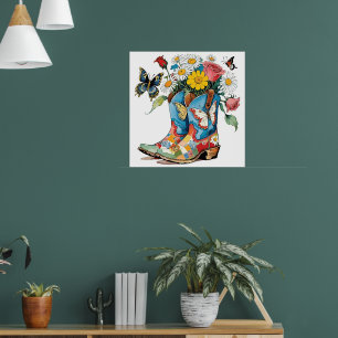 Poster Bottes florales de cowgirl avec marguerites et pap