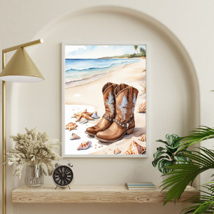 Poster Bottes Marron de Cowgirl Côtière sur la Plage Océa