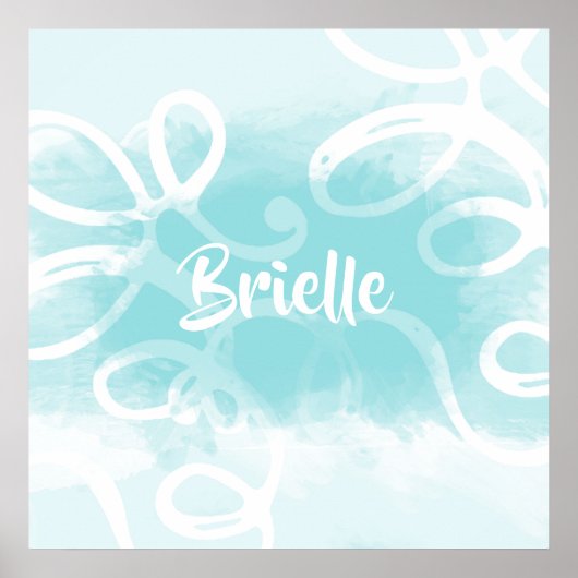 Poster Boucles Chic Pastel Bleu Aquarelle Avec Nom (Devant)