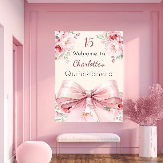 Poster Boucles de crème à l'arc rose Quinceanera signe de