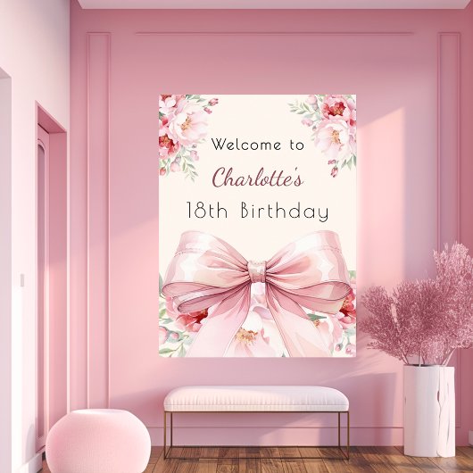 Poster Boucles de crème arc rose anniversaire bienvenue