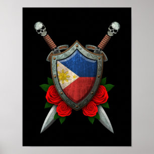 Poster Bouclier drapeau philippin usé et épées avec Roses