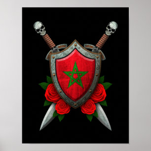 Poster Bouclier du drapeau marocain et épées avec Rose