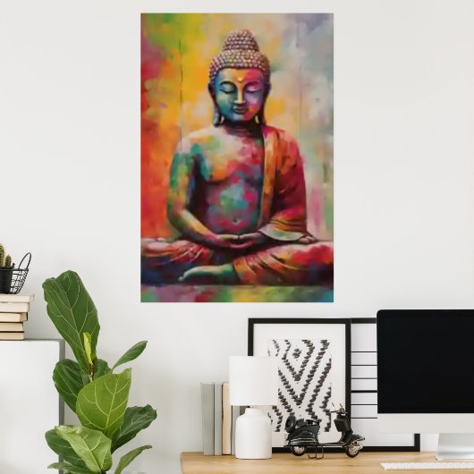 Poster Bouddha assis avec Rainbow Overlay Art Print (Bureau à domicile)