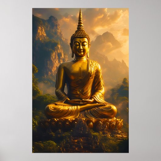 Poster Bouddha assis doré sous un ciel de coucher de sole (Devant)