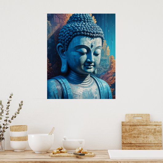 Poster Bouddha bleu Abstrait Pixel Art (Cuisine)