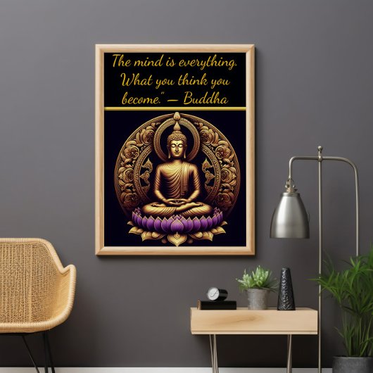 Poster Bouddha d'or méditant dans le lotus.