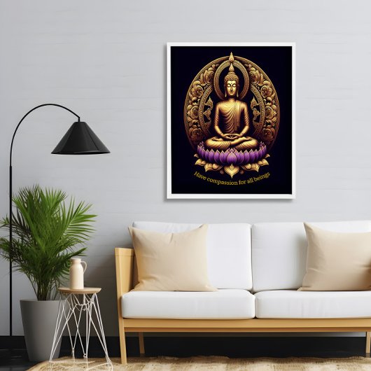 Poster Bouddha d'or méditant dans le lotus.