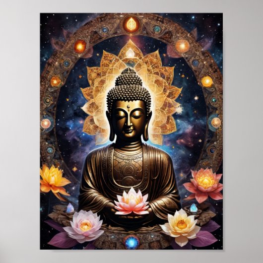 Poster Bouddha méditant avec des fleurs de lotus (Devant)