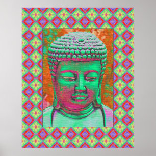 Poster Bouddha Pop avec des bordures en Patchwork en vert