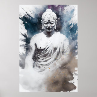 Poster Bouddha Zen Yoga blanc coloré et méditant