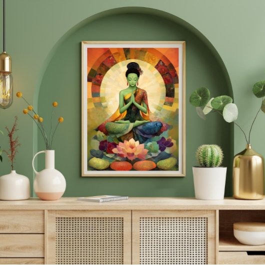 Poster Bouddhiste déesse Green Tara Floral Peinture Zen