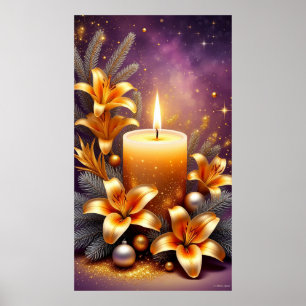 Poster Bougie de vacances dorée Élégance de pin festive