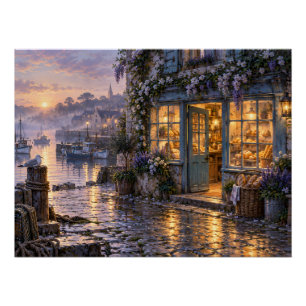 Poster Boulangerie de village côtier au lever du soleil