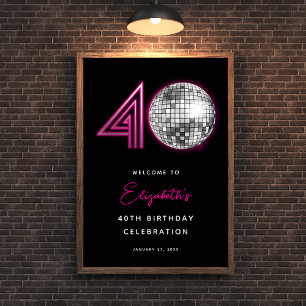 Poster Boule à facettes disco rose néon noir Quarantième