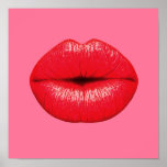 Poster Boule rouge lèvres pop art sur poule rose<br><div class="desc">A design based on pop art of large red lips with lipstick supersized against a girly candy pink coloured background. The background colour can be customised and change d to any bright colour that would suit yout décor.</div>