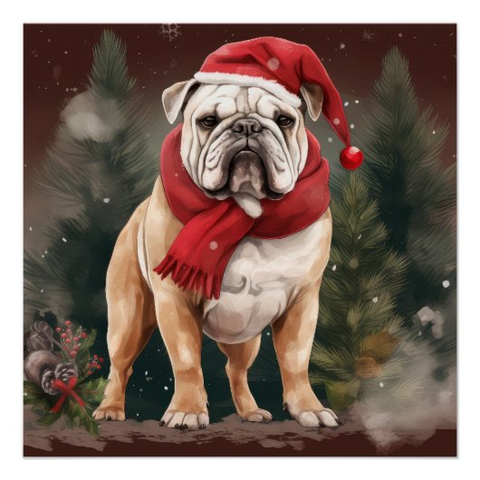 Poster Bouledogue dans la neige de Noël (Devant)