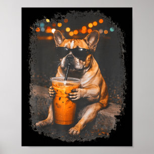 Poster Bouledogue drôle buvant du café glacé mème animal