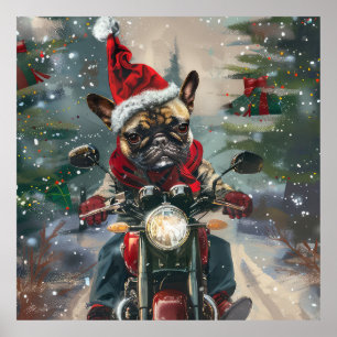 Poster Bouledogue français à moto Noël
