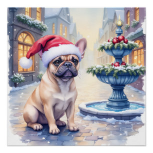 Poster Bouledogue Français Fontaine de la ville enneigée